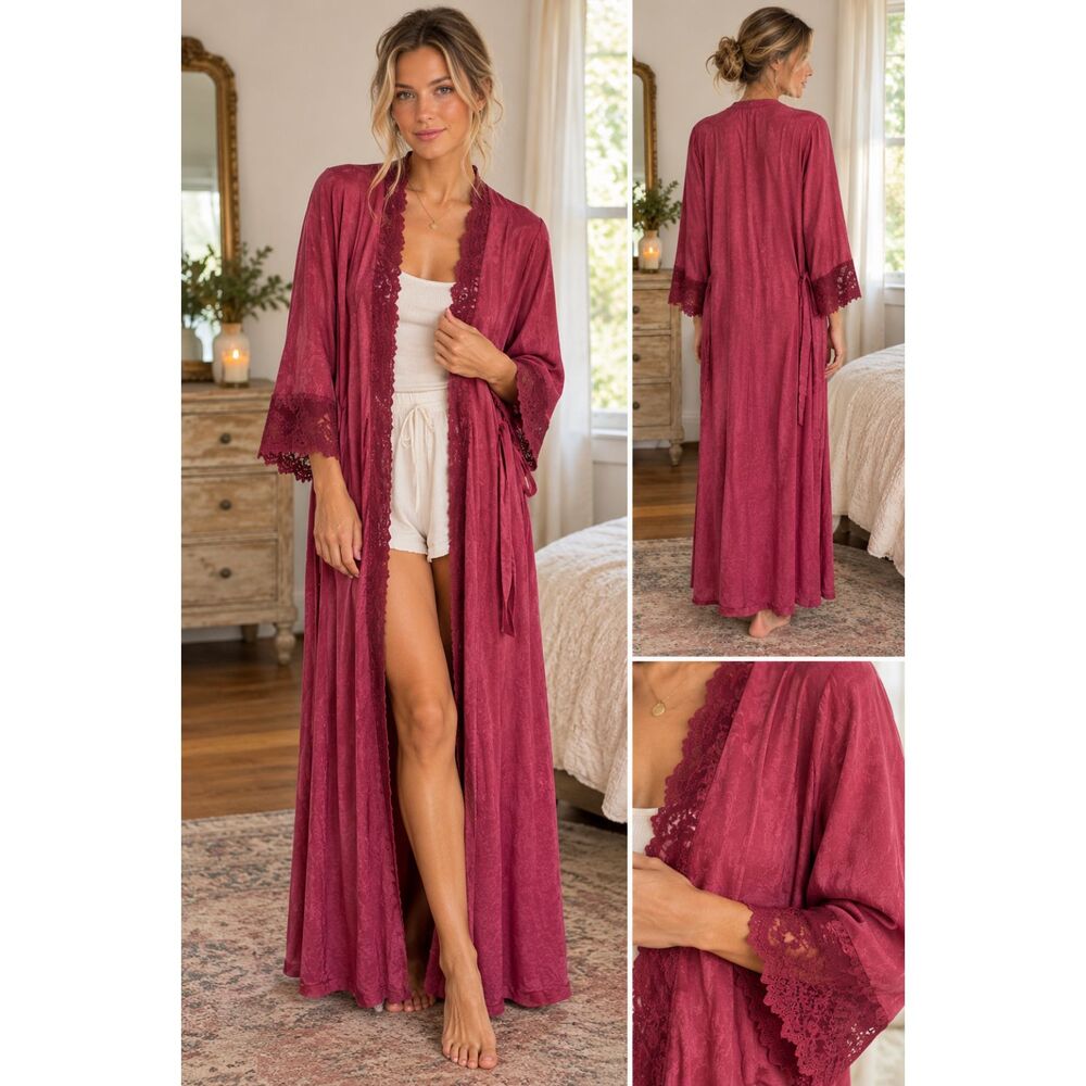 Vintage Vanity Fair Robe Small Burgundy Lace Trim Long Duster Y2K Boudoir Sexy